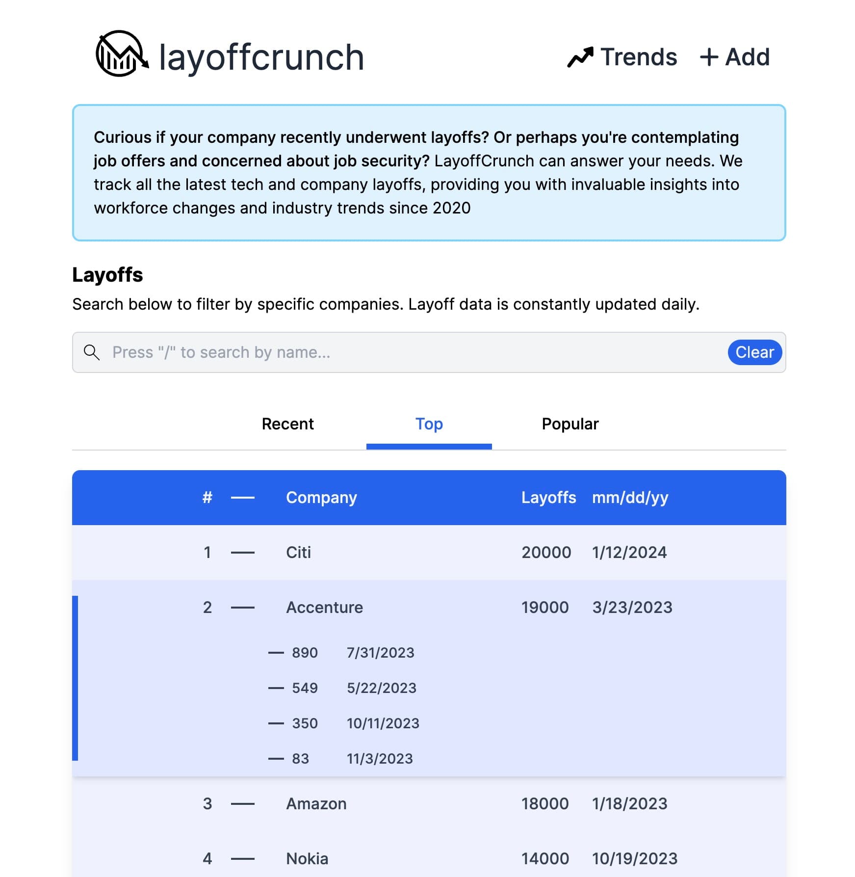 layoffcrunch mobile UI